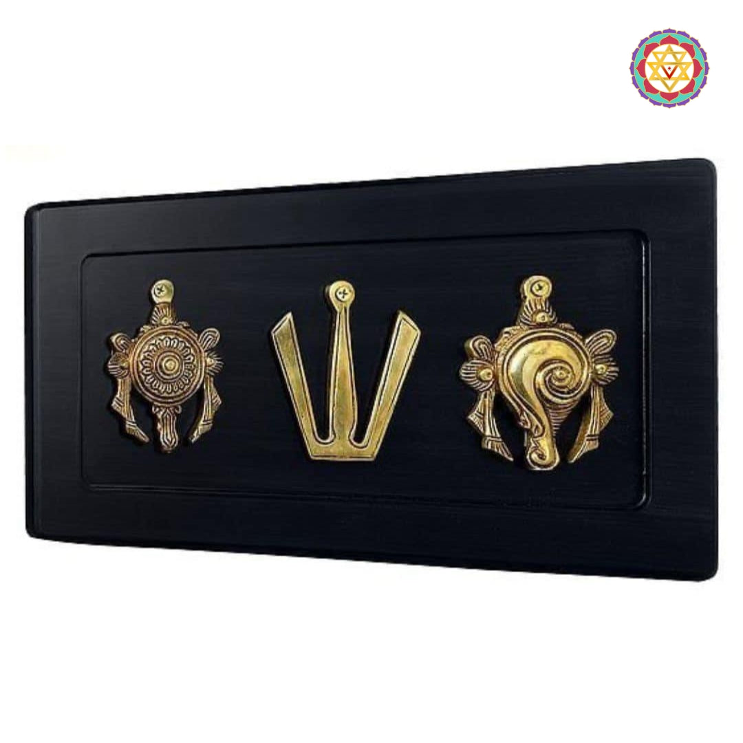 Brass Vishnu Symbols  Shankh, chakra, namo - framed on wood