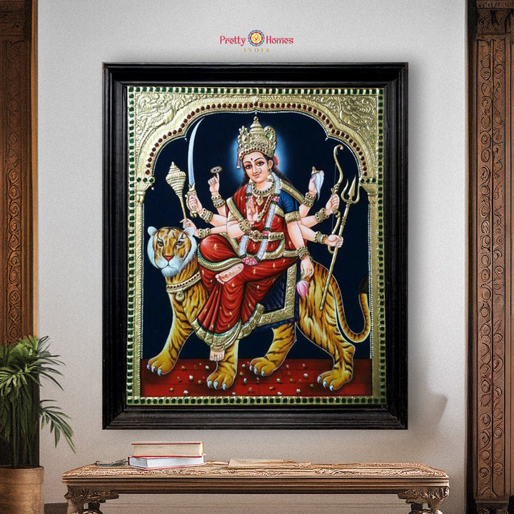 Goddess Durga on tiger Tanjore painting with real 22K gold foil and traditional detailing