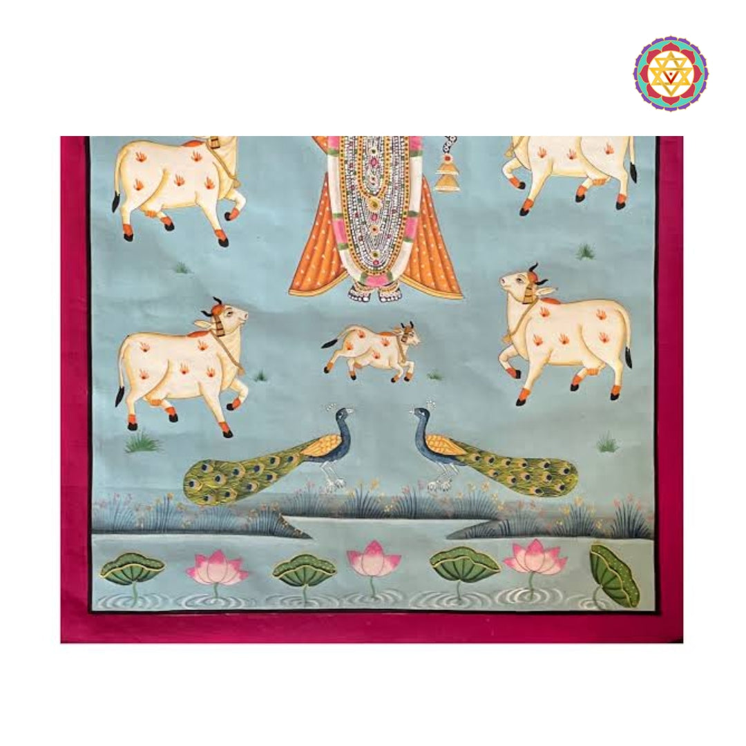 Close-up view of Shrinathji and sacred cows artwork with tranquil blue tones