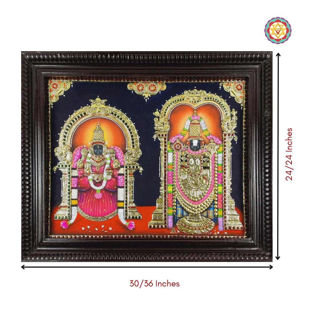 Angled view of Balaji Padmavati painting in traditional South Indian wooden frame