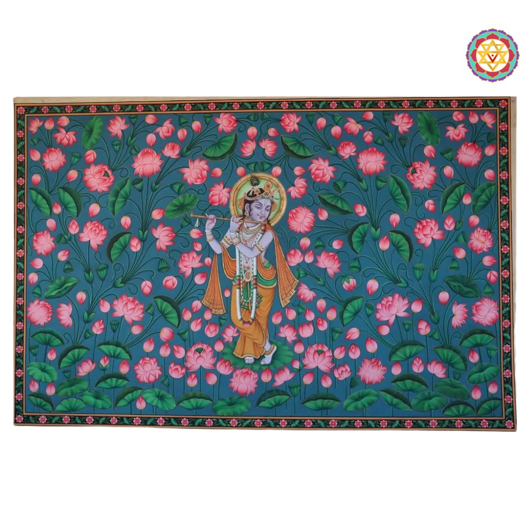 hand-painted krishna playing flute in lotus pond pichwai art