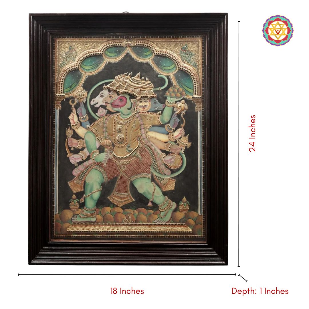 Framed antique Tanjore art of Lord Hanuman in traditional gold accents