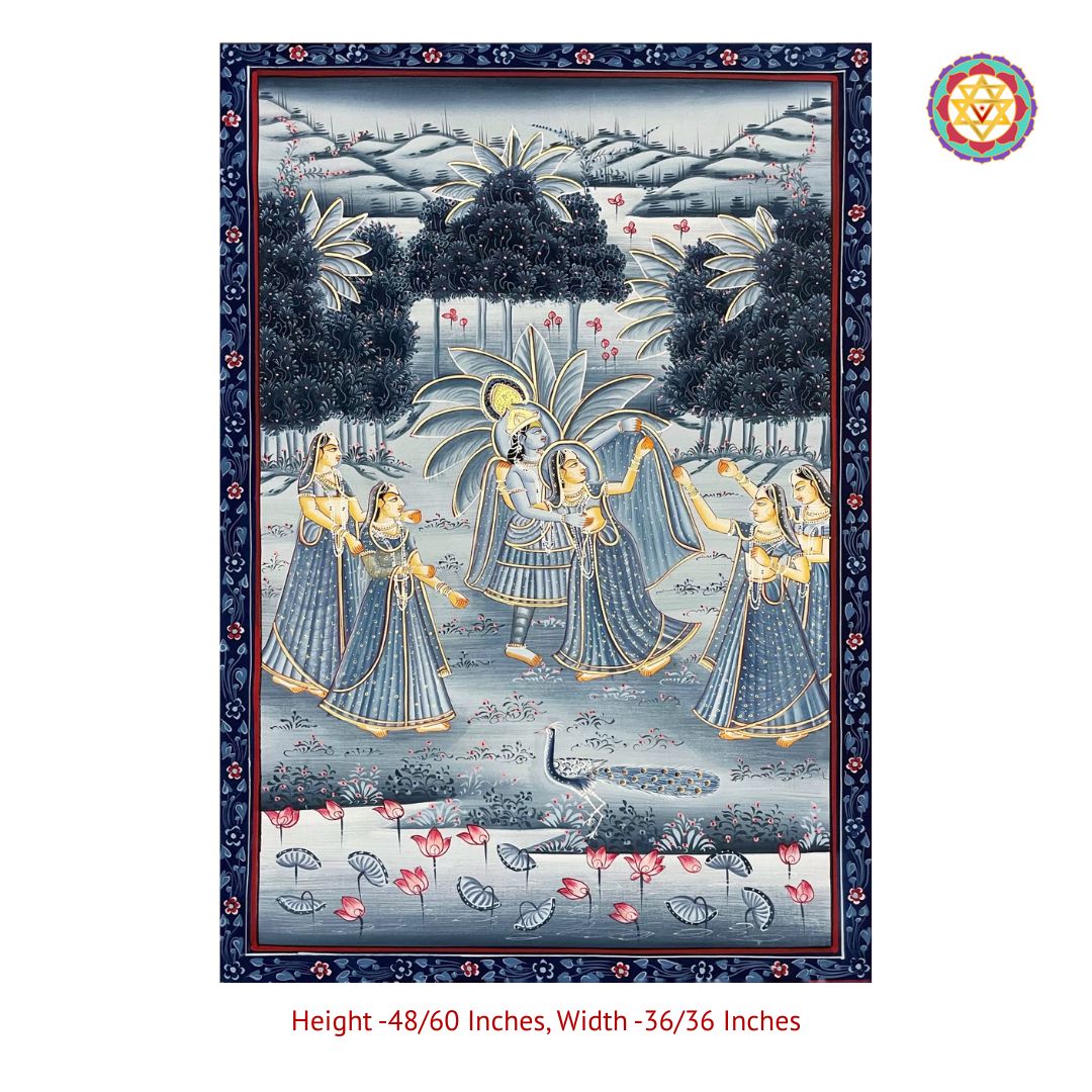 close-up of monochrome radha krishna showing gopikas in forest