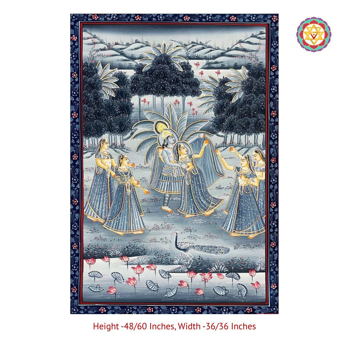 Monochrome Krishna Pichwai – Radha & Gopikas in Forest