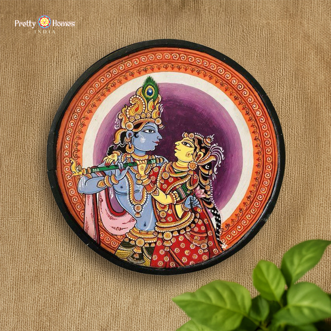 handpainted pattachitra style radha krishna wall plate traditional wooden decor