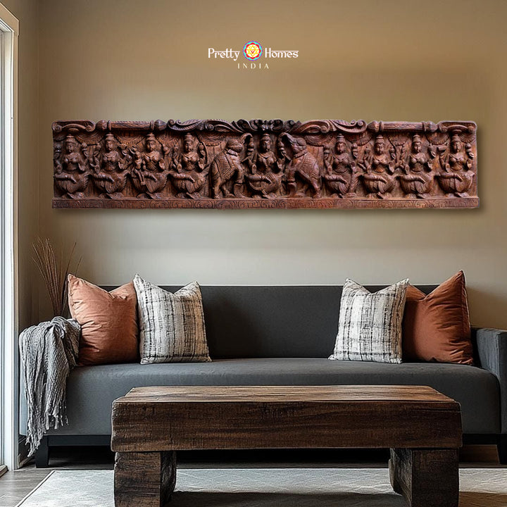 Intricately Carved Horizontal Ashtalakshmi Panel with Gajalakshmi in the Centre – Wall Mountable Divine Art
