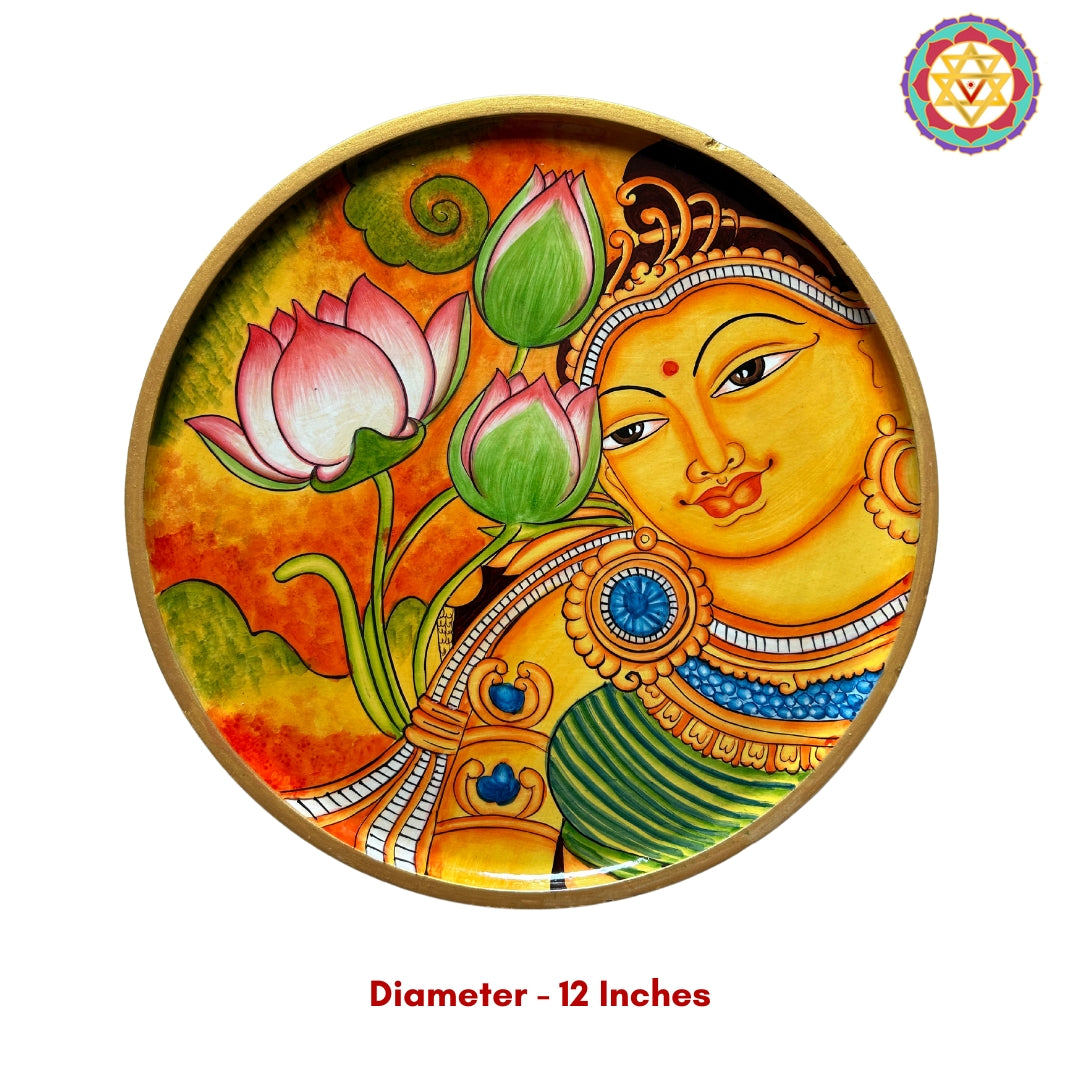 Hand-painted wooden mural wall plate featuring Radha in bright tones