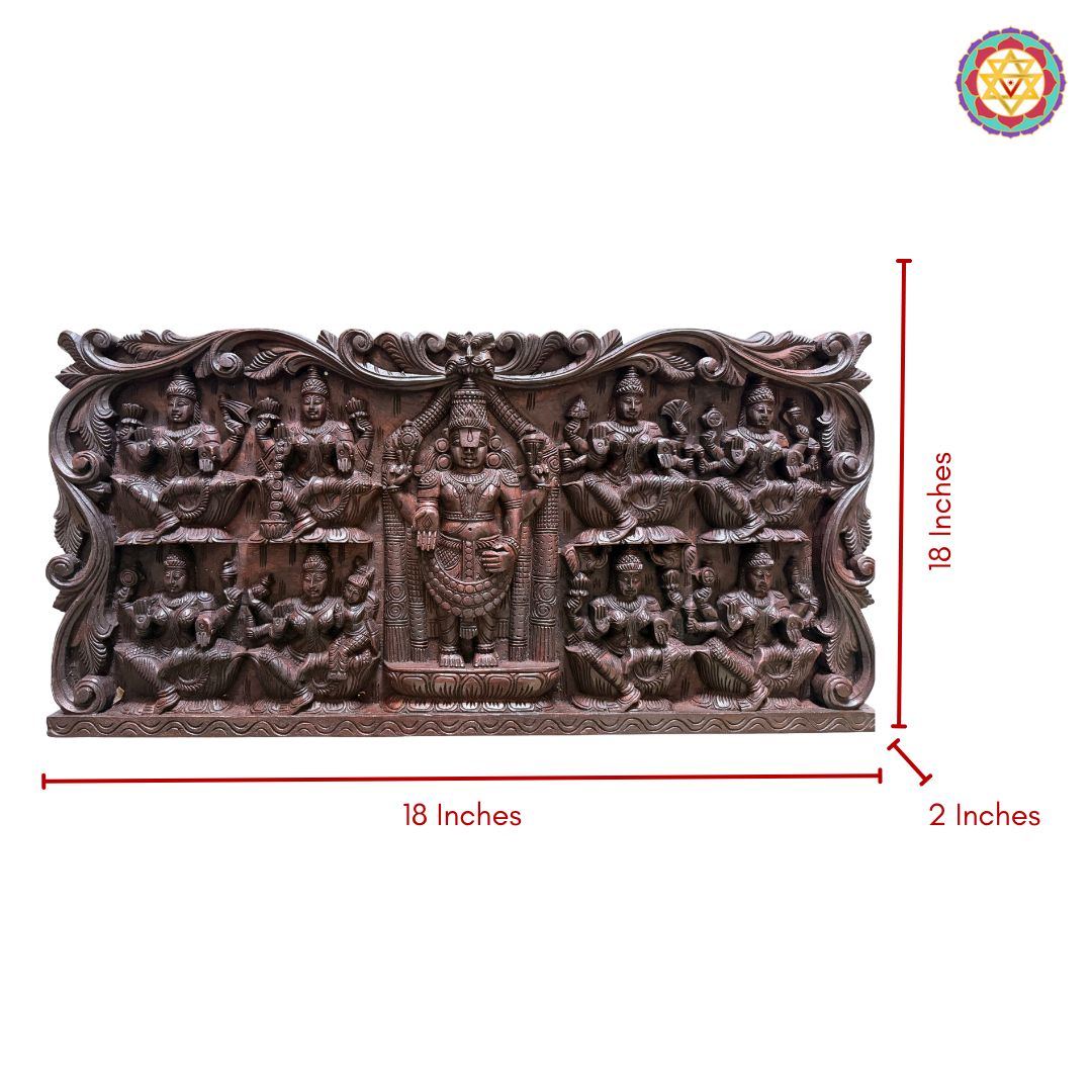 Close-up detailing of carved Ashtalakshmi and Balaji motifs