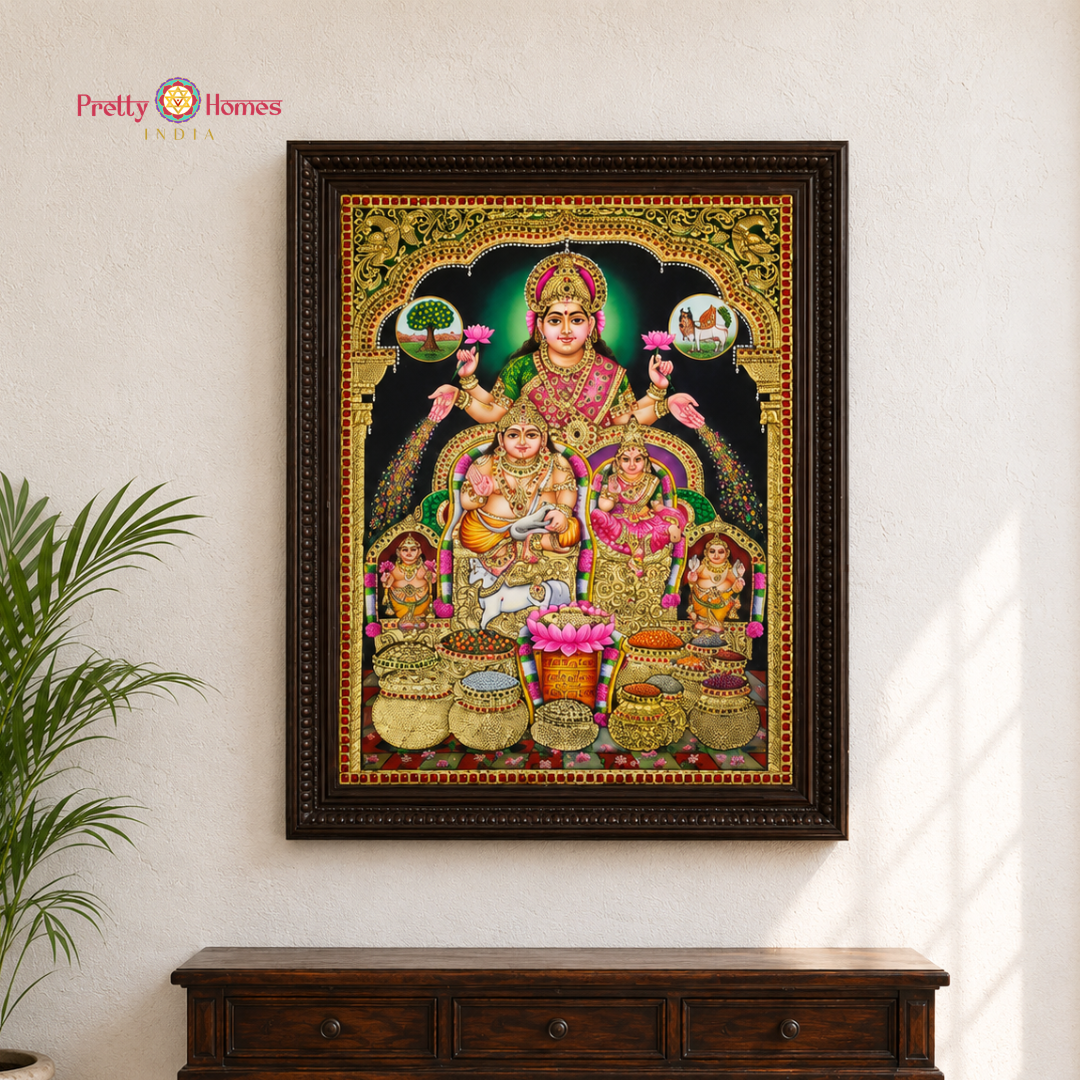 Divine Lord Kubera with Goddess Lakshmi Tanjore Painting in Real Gold