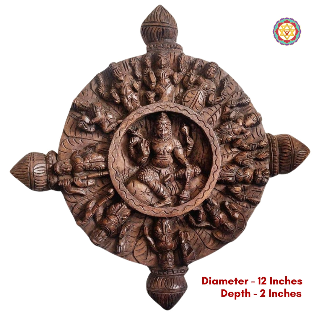 Wood carved round Astalaxmi wall hanging