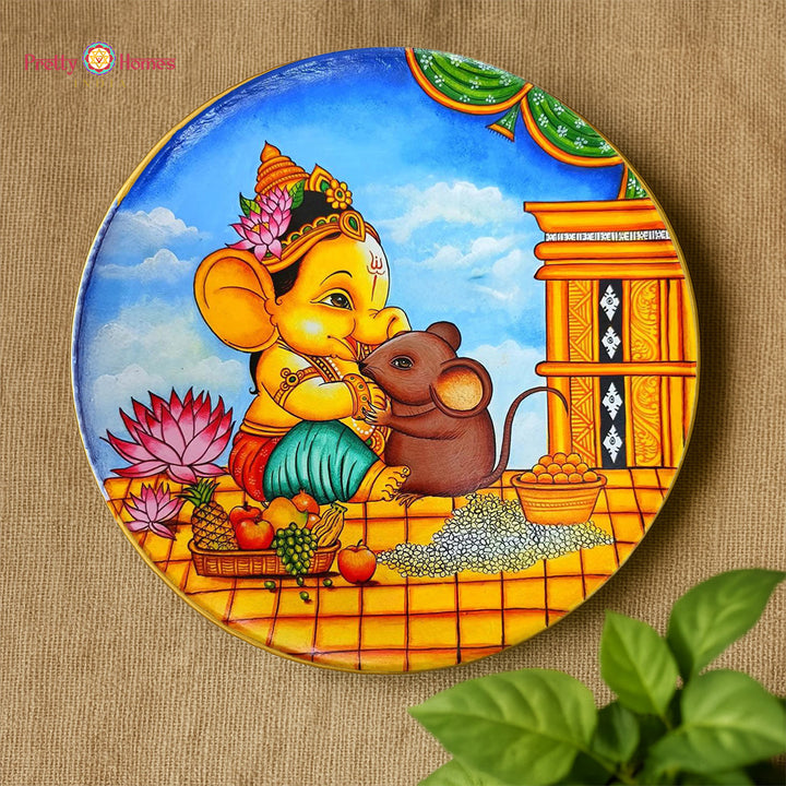 Kerala Mural Lord Ganesha with Mouse Hand-Painted Wooden Wall Plate