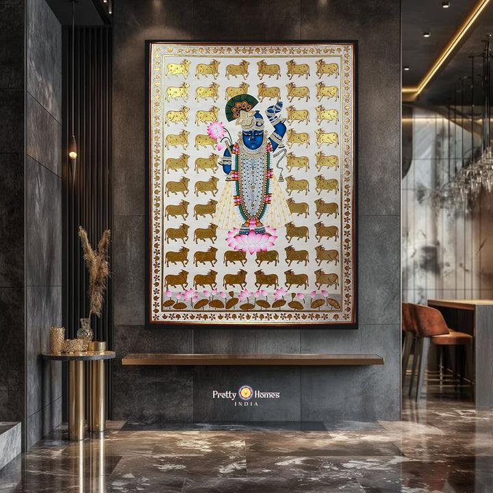 Handpainted pichwai-Shrinathji Darshan – Pichwai with Golden Cows