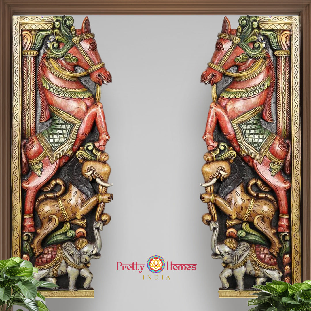 Pair of carved wooden panels featuring horse and yali bracket figures