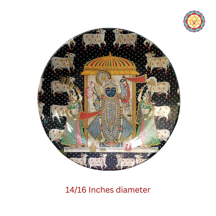 Hand painted wall plate -pichwai shrinathji with Gopikas and cows