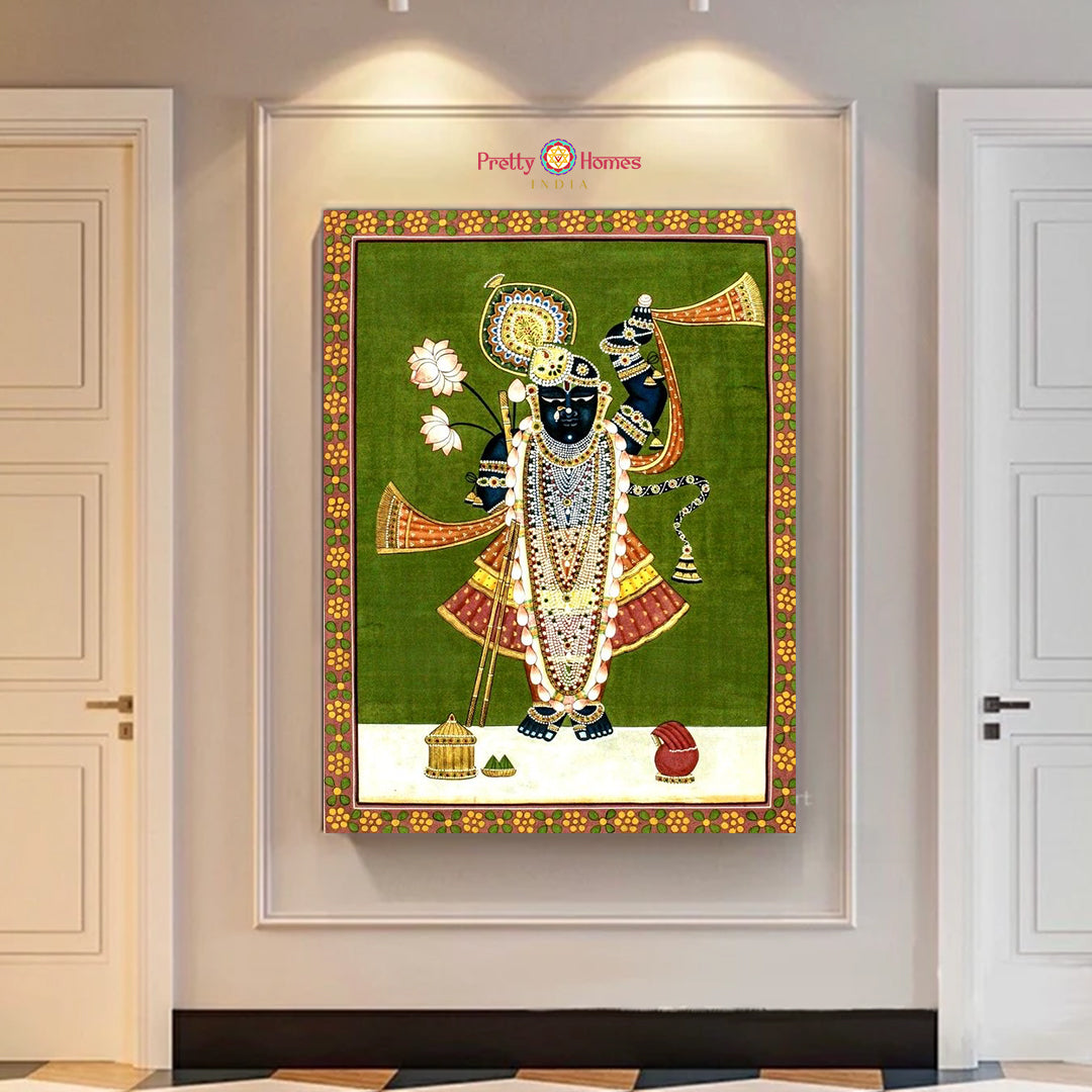 Handpainted Pichwai Shreenathji Darshan on cloth — front view showing temple arch and gold highlights for pooja wall decor