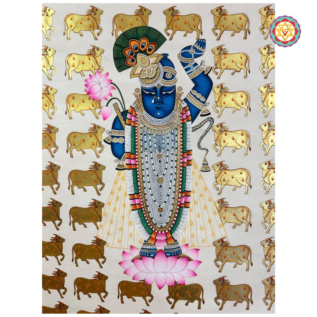 Handpainted pichwai-Shrinathji Darshan – Pichwai with Golden Cows