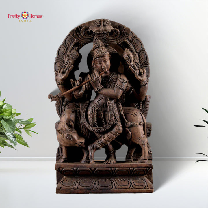 Wooden Hand Carved Lord Krishna Standing under  Cow Statue .Stand alone /wall hanging