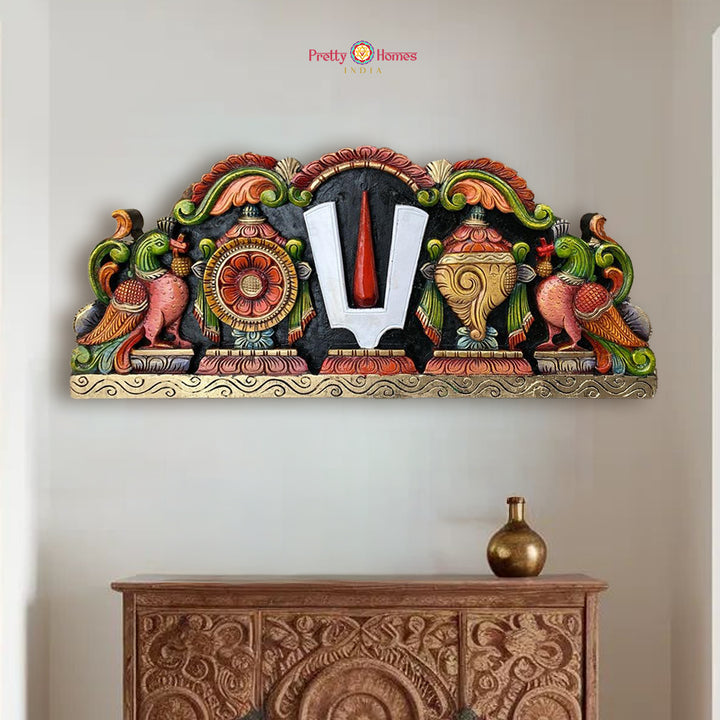 Shankh Chakra Namam with Peacocks — Handcarved Wooden Panel (Horizontal) for Heritage Interiors