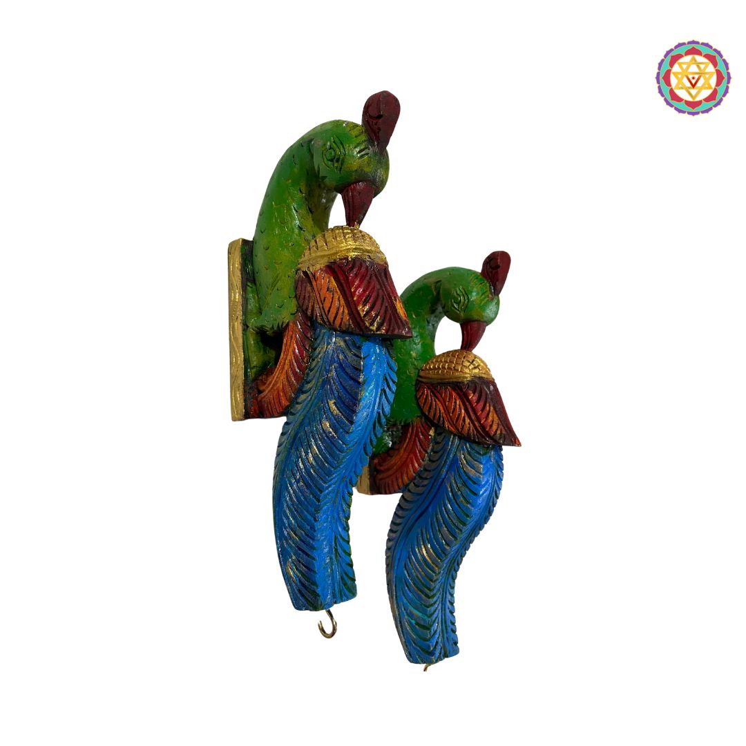 pair of hand-carved parrot wall corbels in vibrant colours