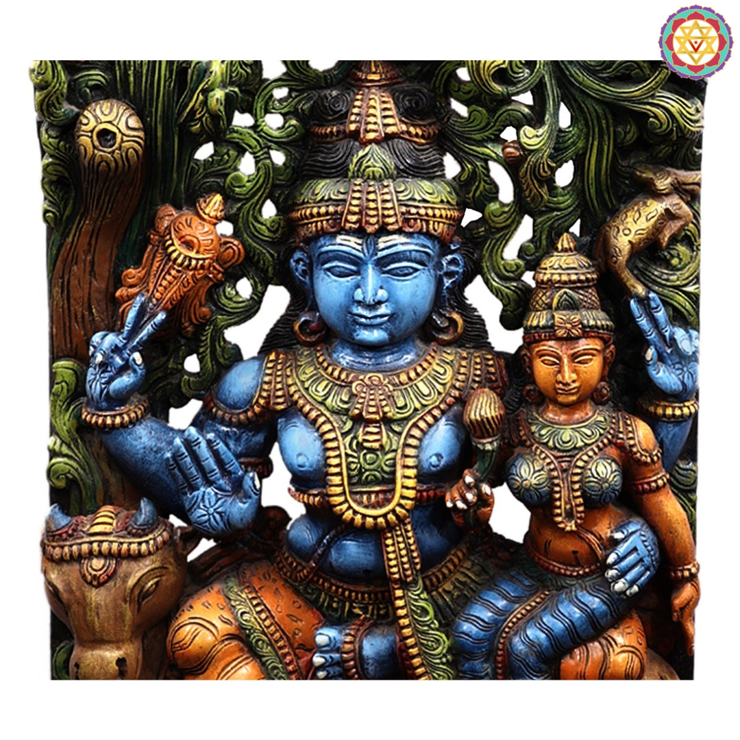 60” Wood-Carved Canopy Panel – Shiva Parvati Seated on Nandi