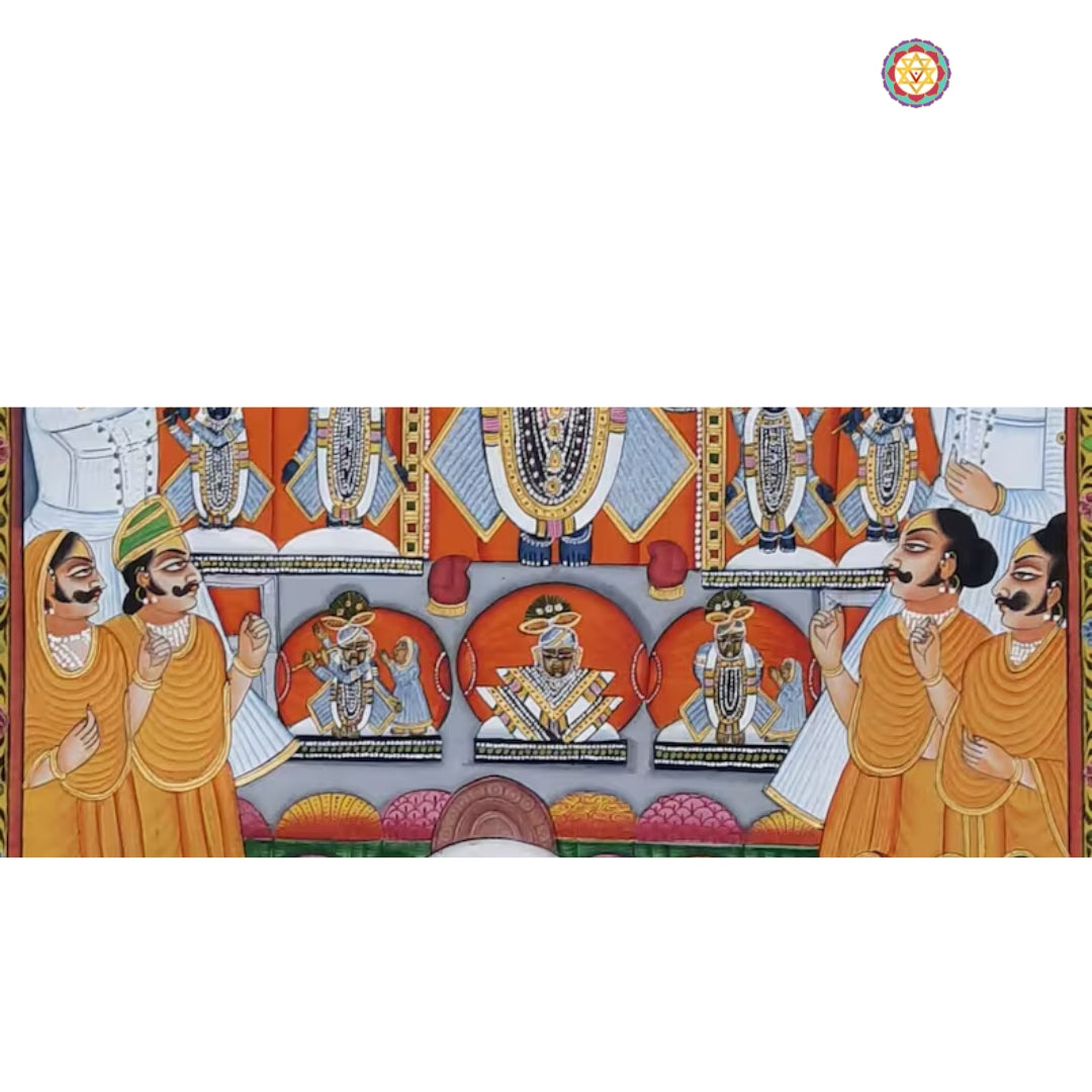 Lord Krishna with lotus flowers in Pichwai painting framed for traditional interiors