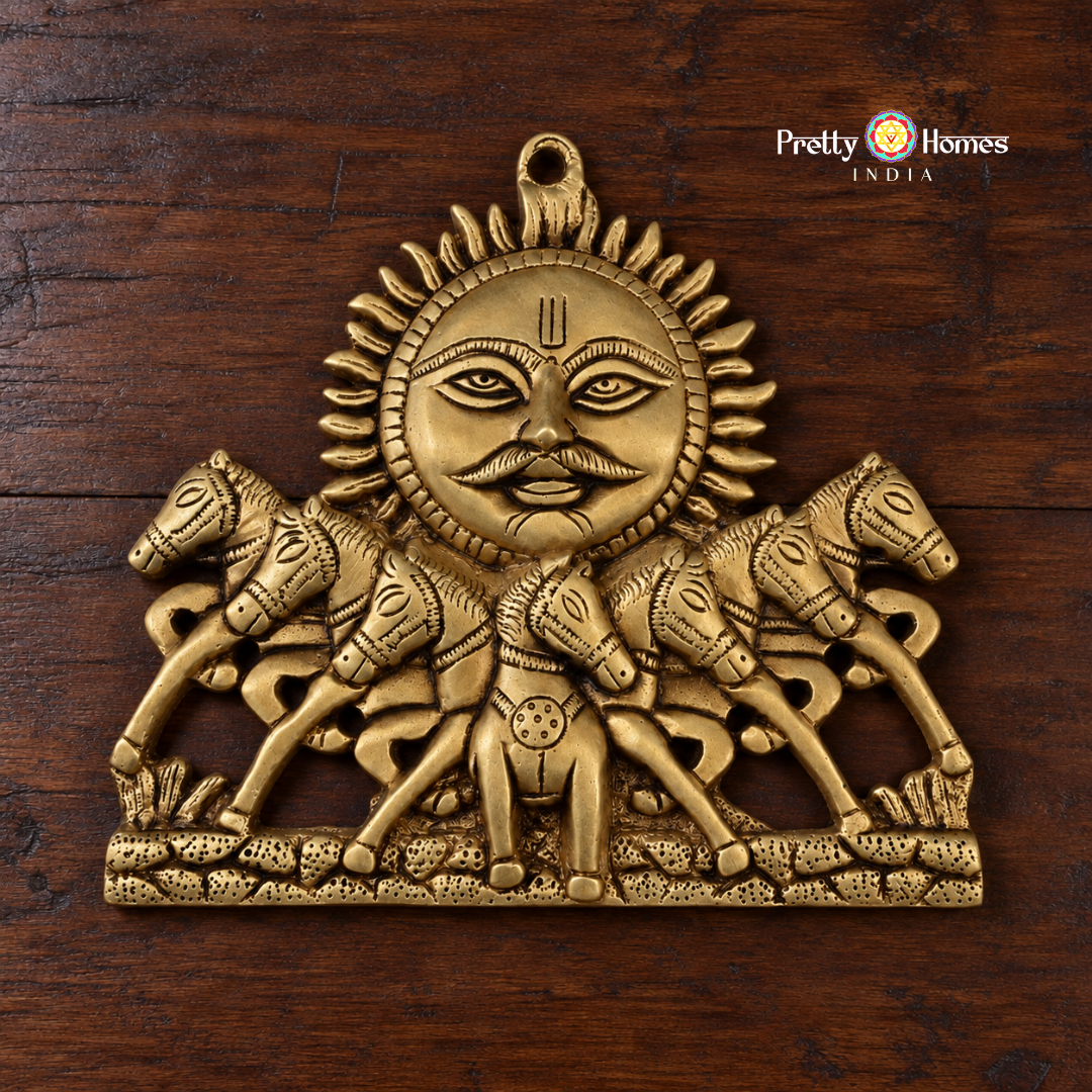 Auspicious Seven Horses with Sun God – Brass Wall Mountable