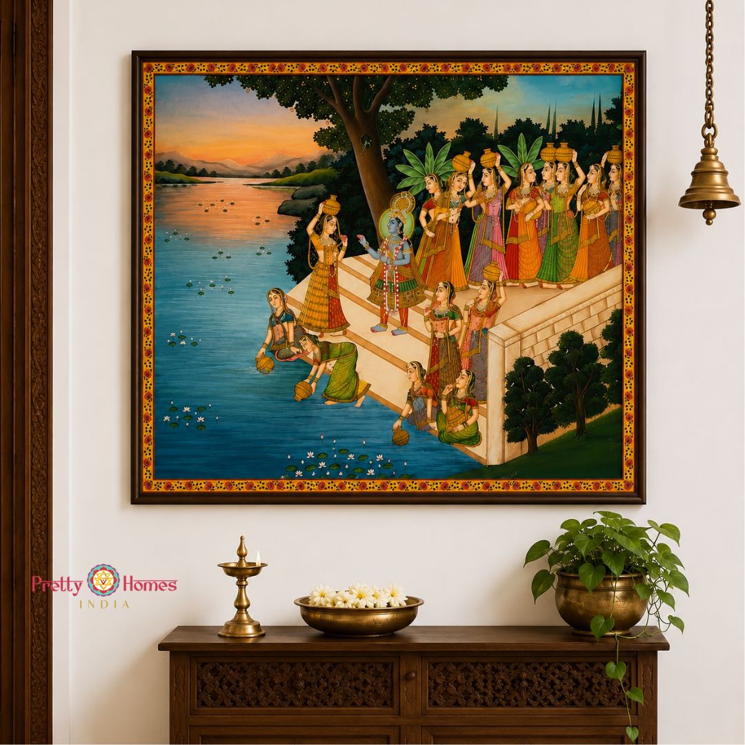 Handpainted Pichwai – Graceful Gopis on the Banks of Yamuna