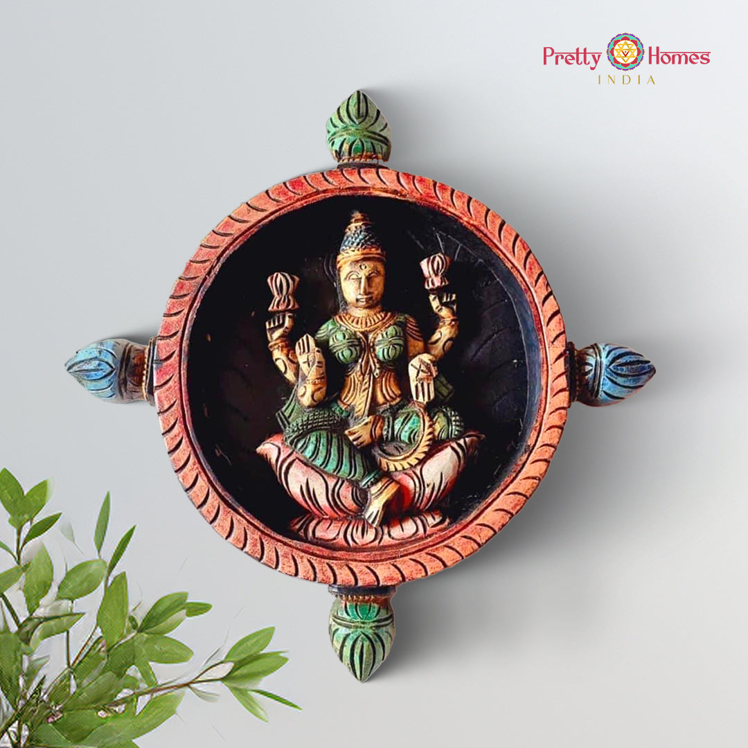 Wooden round wall plate featuring Goddess Lakshmi seated gracefully