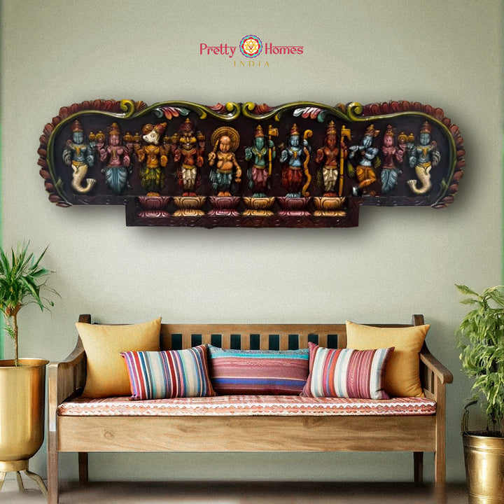 Horizontal dashavatar wooden panel with ten Vishnu incarnations