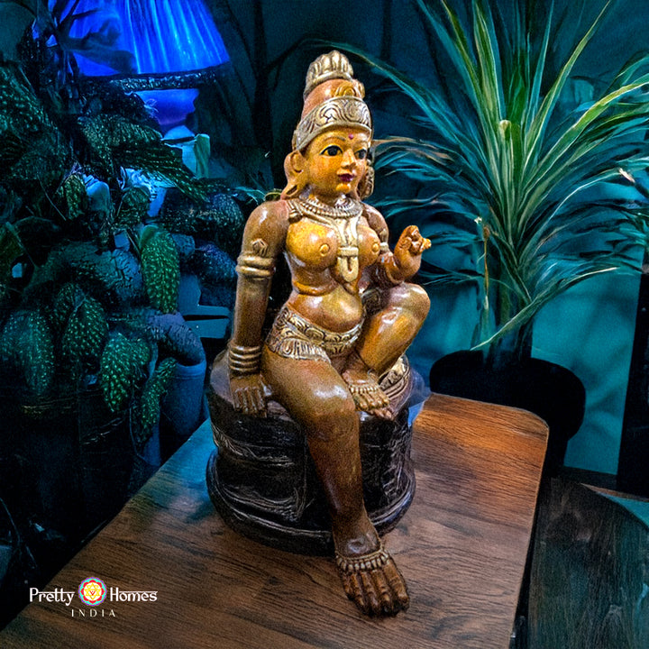 Woodcarved sitting Parvati sitting in Lalita Roop,Sculpture/Statue .