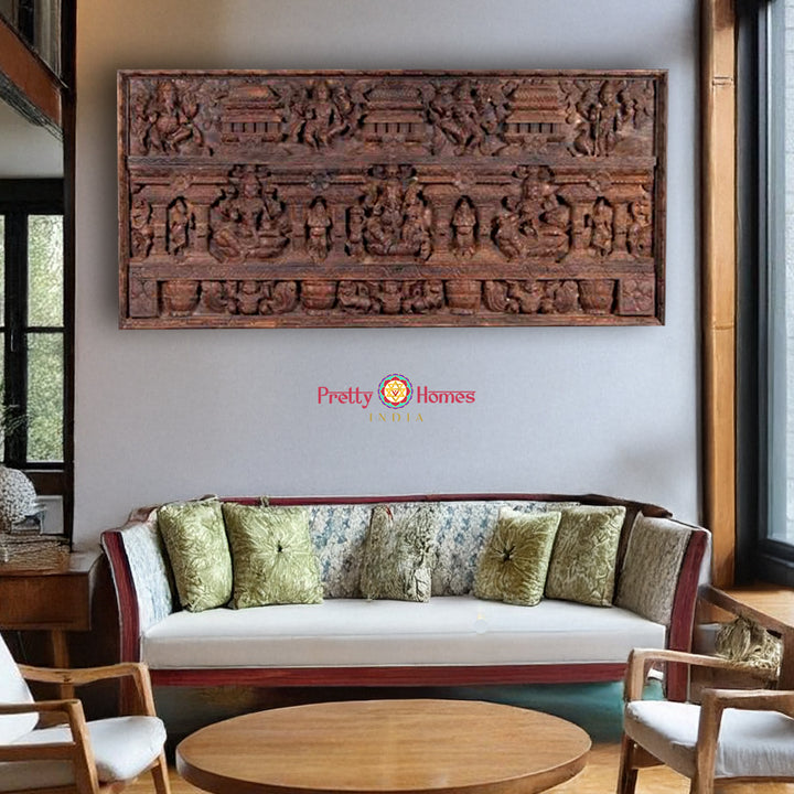 72” Large Handcrafted Wooden Ganesha, Lakshmi & araswati Panel – Traditional Design with Various Gods