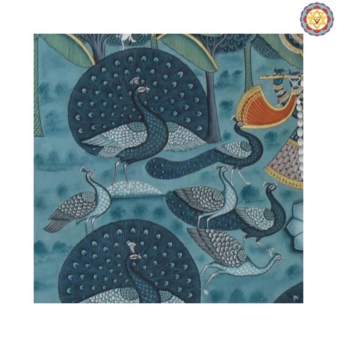 shrinathji blue pichwai painting angled view showcasing peacocks
