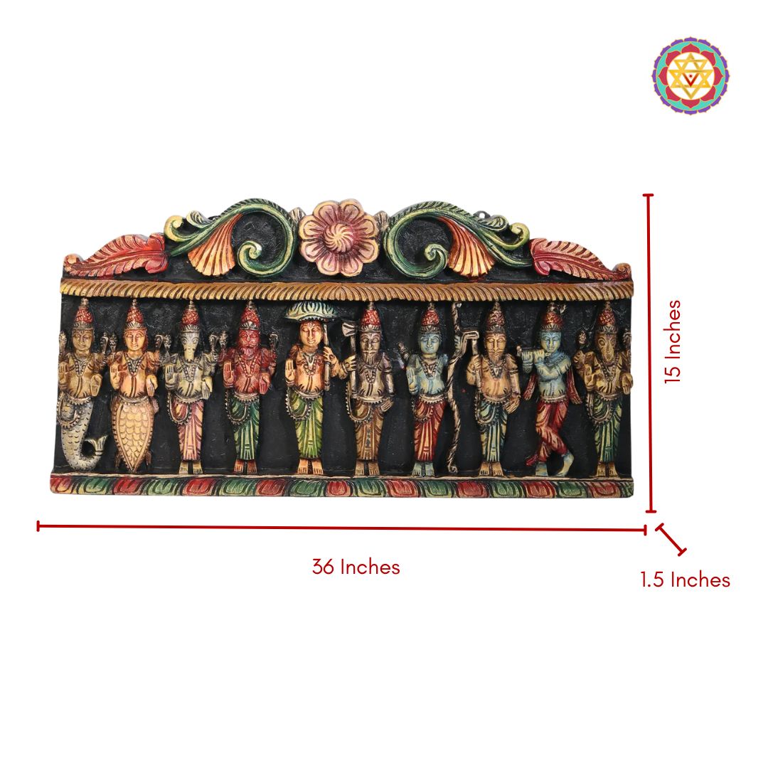 Multicolour woodcarved Dasavtaram panel with floral carvings full view