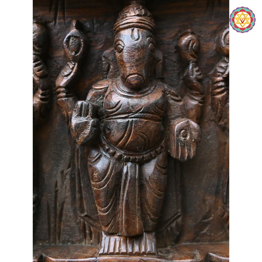 horizontal handcarved dasavtar panel detailed shot capturing texture and wood grain finish