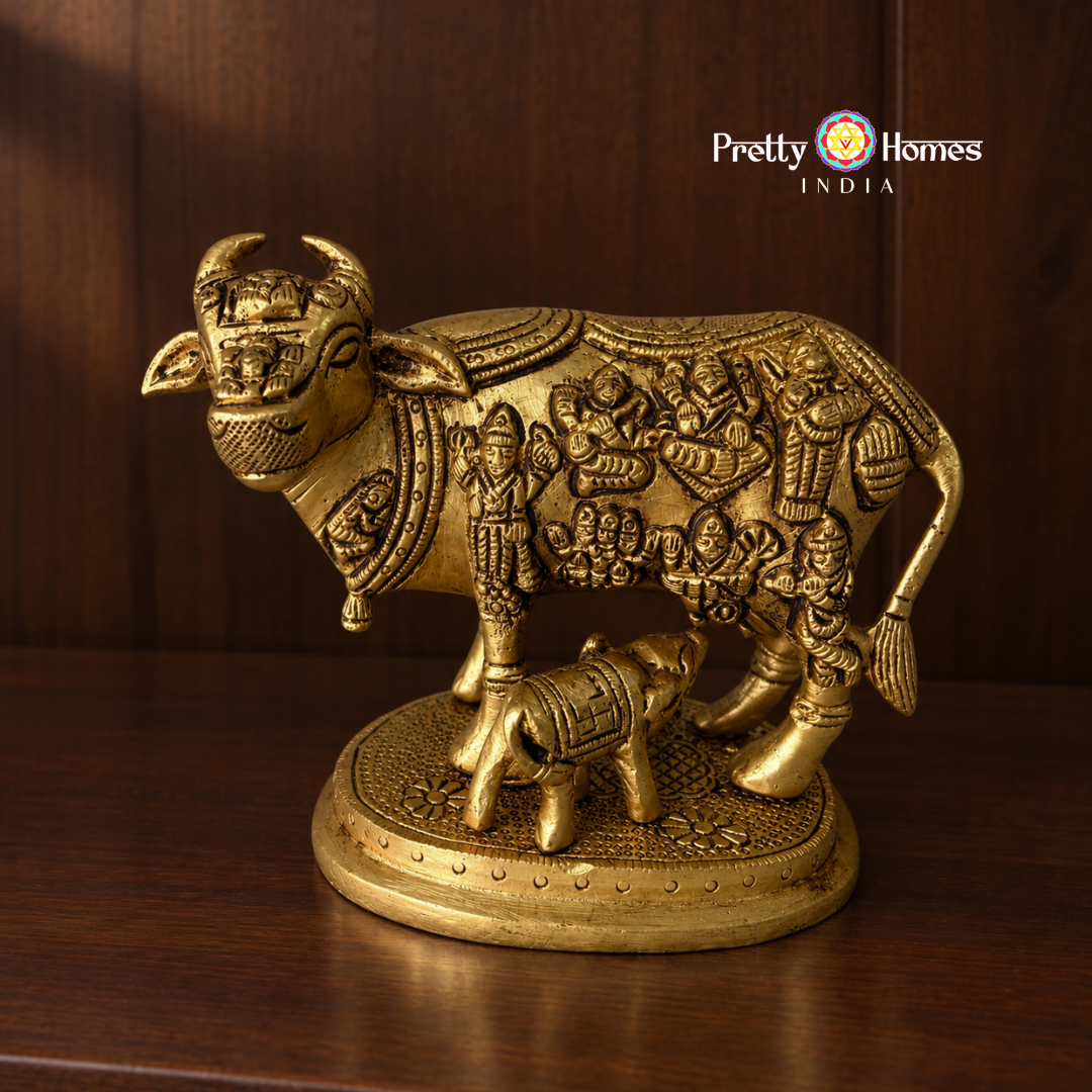 Brass Kamadhenu Cow with Calf & Deities