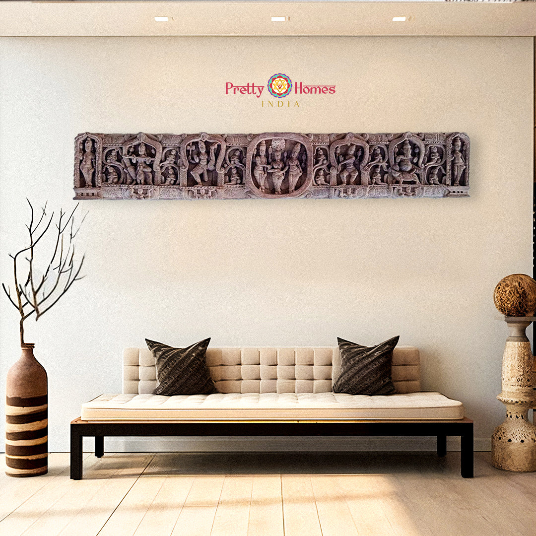 Handcarved wooden panel depicting Meenakshi Kalyanam – Shiva Parvati wedding scene wall decor.