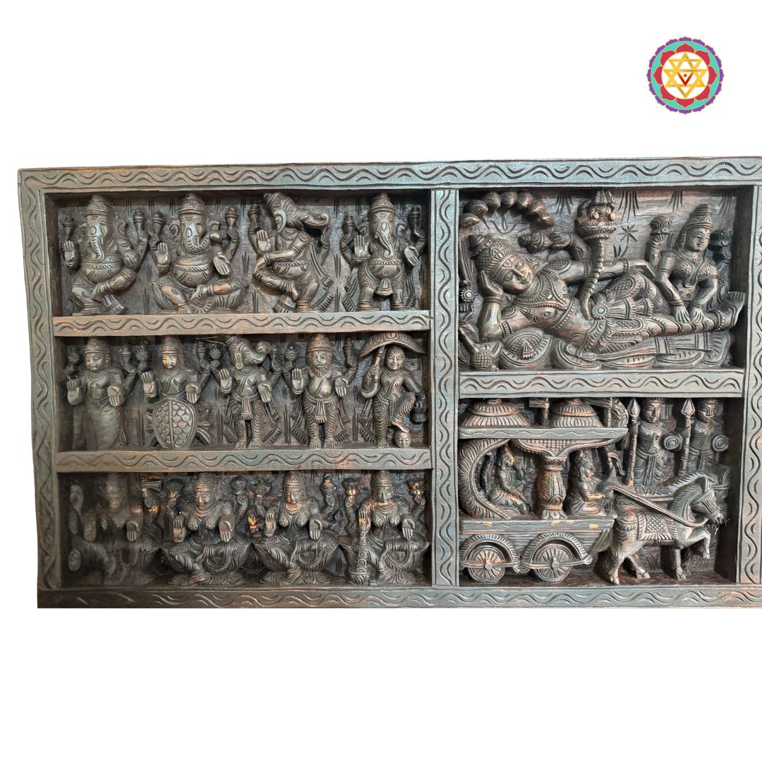 Close-up detailing of Krishna, Arjun, and chariot carving on wooden panel