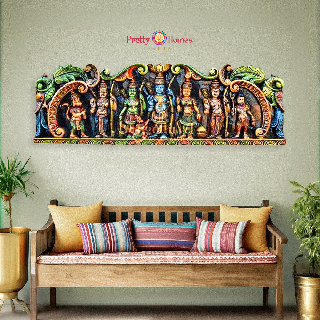 Ramayana-themed wooden panel — handcarved Indian mythological wall art.
