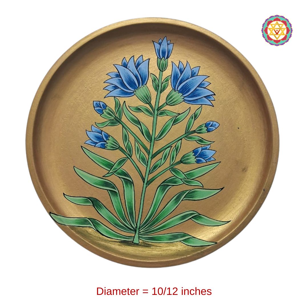 hand-painted wall plate featuring indian florals blue bells design, elegant circular decorative plate with detailed pattern