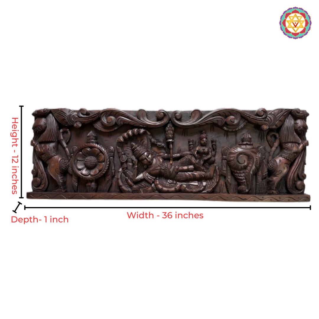 Horizontal Handcarved Panel – Lord Vishnu Resting / Ranganathar Swamy with Shankh & Chakra