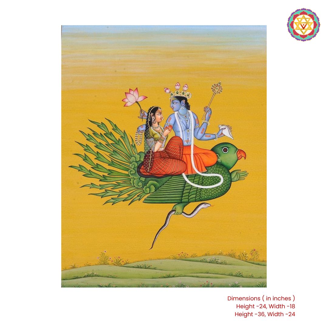 Handpainted pichwai - Celestial Journey – Pichwai of Vishnu with Laxmi on Garuda vahana