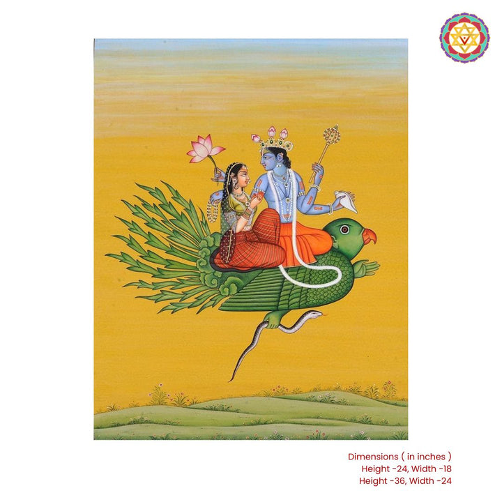 Handpainted pichwai - Celestial Journey – Pichwai of Vishnu with Laxmi on Garuda vahana