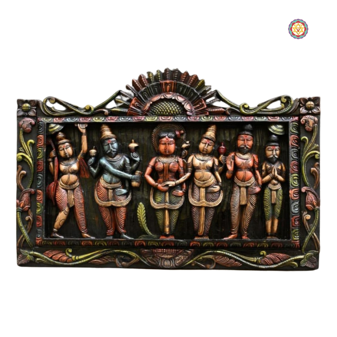 Wall-mounted Meenakshi Kalyanam panel — Indian heritage wood carving.