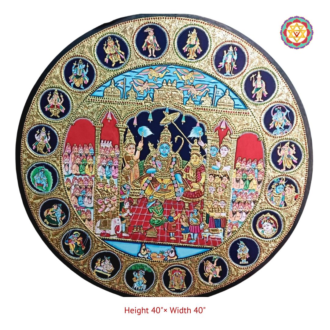 vintage tanjore krishna with satyabhama and rukmini full artwork with gold foil and classic composition