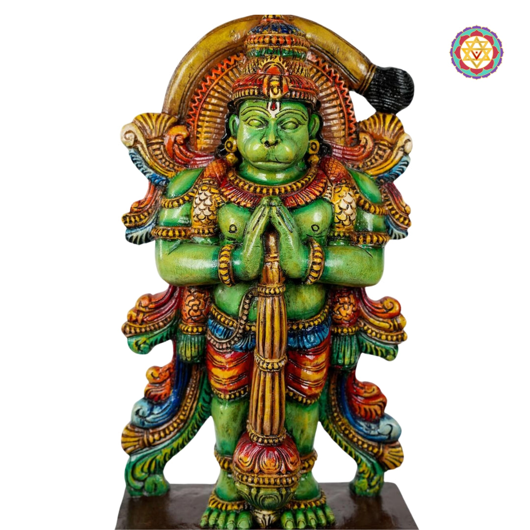 traditional hanuman wooden statue standing pose with folded hands