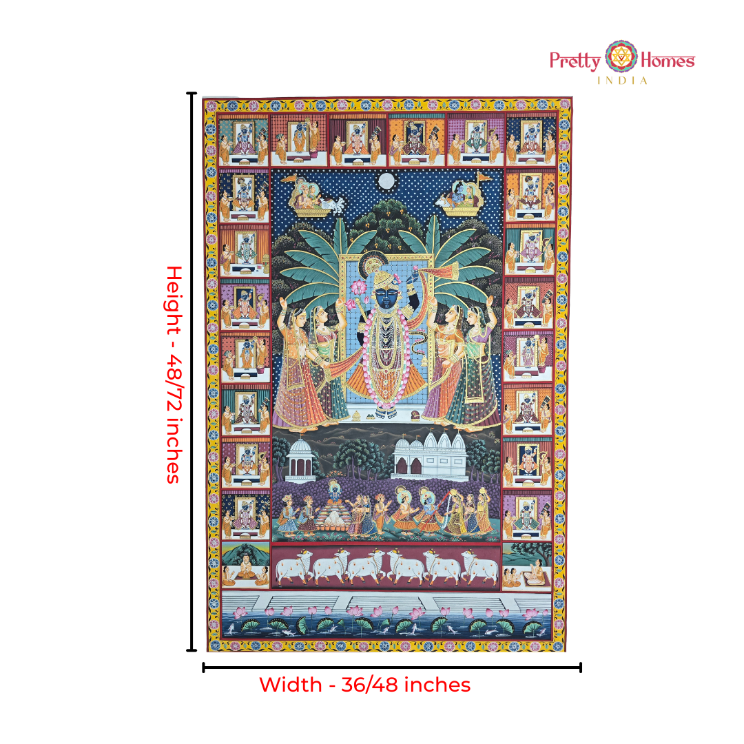 Hand-Painted Pichwai – Shrinathji with Gopikas & Intricately Detailed Border
