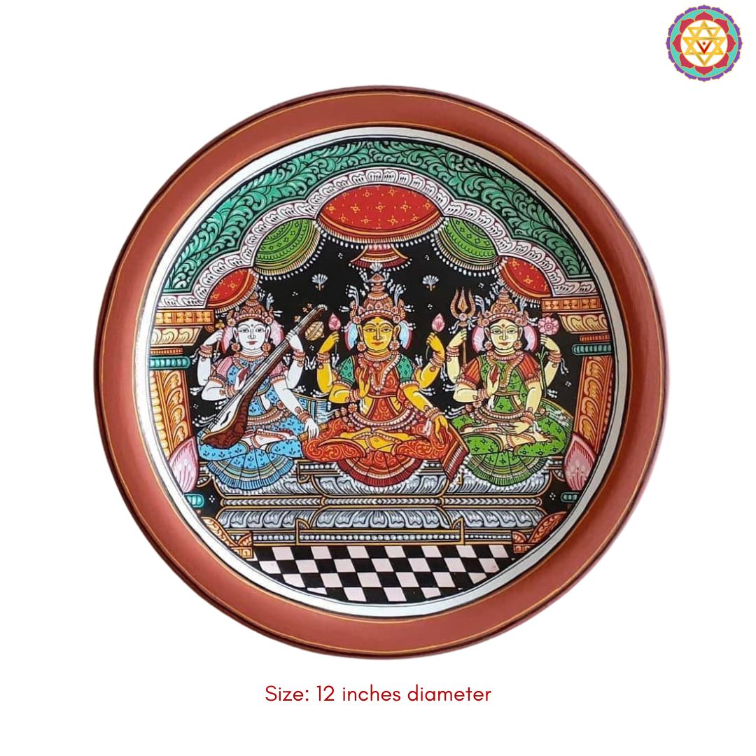 close up ganesh laxmi saraswati pattachitra plate fine line art