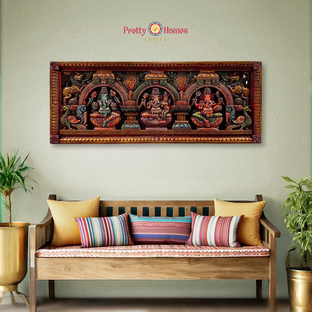 Multicolour wooden Ganesha panel with Shakti, Maha, and Nritya forms