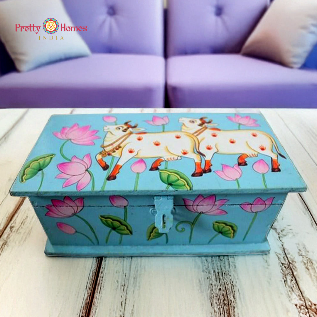 Medium Mulpurpose Pichwai Painted Storage Boxes. Sky blue