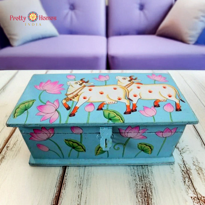 Medium Mulpurpose Pichwai Painted Storage Boxes. Sky blue